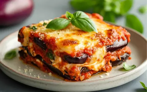 Porción de berenjenas a la parmesana, con capas de berenjena, salsa de tomate y queso derretido, decorada con albahaca fresca.