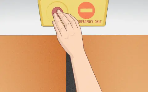Dłoń naciska czerwony przycisk na żółtej tabliczce z napisem "EMERGENCY ONLY". To instrukcja, jak otworzyć drzwi w pociągu w sytuacji awaryjnej.