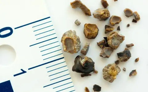 Kawałki kamieni nerkowych obok linijki. Widoczne są różne kształty i rozmiary, niektóre przypominają fragmenty muszli.
