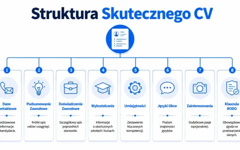 Schemat struktury CV: dane kontaktowe, podsumowanie zawodowe, doświadczenie, wykształcenie, umiejętności, języki, zainteresowania, klauzula RODO. Idealny cv wzór.