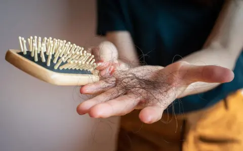 Main d'une personne tenant une brosse à cheveux avec des cheveux tombés, un effet secondaire possible du covid et perte de cheveux.