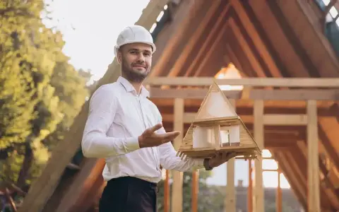 Architekt mit Helm hält Modellhaus, um Holzkonstruktion zu planen. Im Hintergrund Rohbau eines Hauses.