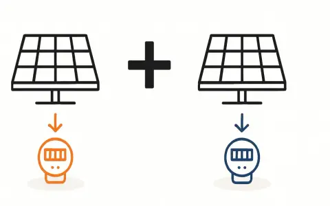 Zwei Solarmodule mit Pfeilen, die auf zwei Stromzähler zeigen. Ein orangefarbener, ein blauer. 15 eeg.