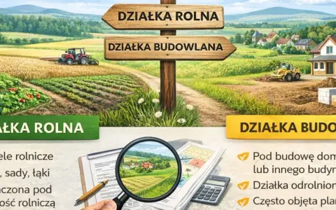 Rozróżnienie działki rolnej i budowlanej: jedna pod uprawy, druga pod budowę domu. Co to znaczy? Obrazek wyjaśnia.