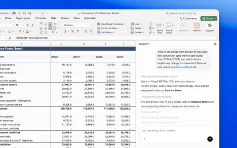 ChatGPT analysiert eine Excel-Tabelle mit Finanzdaten, um eine Brücke von EBITDA zu Free Cashflow zu erstellen.