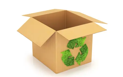 Otwarty karton z zielonym symbolem recyklingu z trawy. To przykład eko opakowania, które dba o naszą planetę.