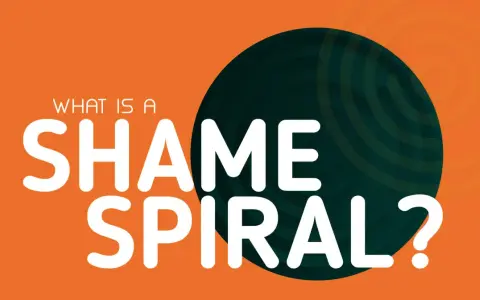 What is a shame spiral?" text on an orange background with a dark green circular graphic. Learn how to deal with shame.