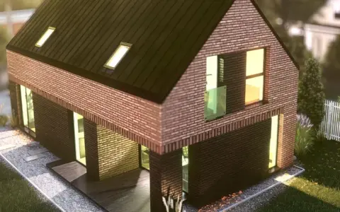 Nowoczesny dom z cegły, z dużymi oknami i dachem pokrytym dachówką. Wokół zadbany ogród z białym płotem. Idealne gunb darmowe projekty dla Twojego wymarzonego domu.