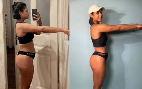 Vorher-nachher-Vergleich einer Frau nach 1 Monat Training. Deutliche Veränderung der Körperform und Muskeldefinition.