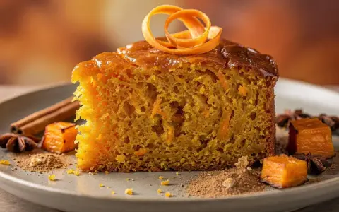 Tranche de gâteau moelleux à la carotte, décorée d'une spirale d'orange. Un délice gourmand, ce gâteau sans sucre est parsemé d'épices et de morceaux de citrouille.