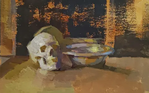 En gouache målning av ett skalle och en skål. Bakgrunden är mörk med orangea och gula toner.
