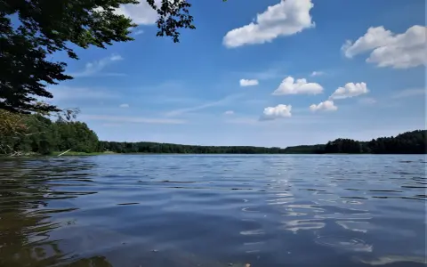 Spokojne jezioro Partęczyny z łagodnymi falami odbijającymi błękitne niebo i białe chmury. Lasy otaczają taflę wody.
