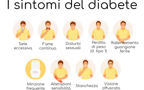 I sintomi del diabete nei bambini: sete, fame, stanchezza, minzione frequente, alterazioni sensibilità, visione offuscata, perdita peso, guarigione lenta ferite.