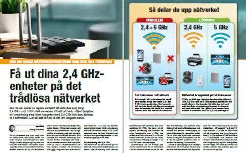 En router med antenner på ett bord. Bredvid en artikel om hur man får ut sina 2,4 GHz-enheter på det trådlösa nätverket, med tips om att koppla router till router.