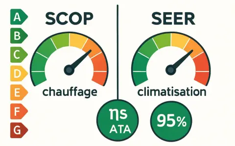 Indicateurs SCOP et SEER pour l'efficacité énergétique saisonnière. Le chauffage est à 95%, la climatisation est bonne.