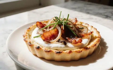 Une flammekueche alsacienne individuelle, garnie de lardons, oignons et ciboulette, sur une crème onctueuse.