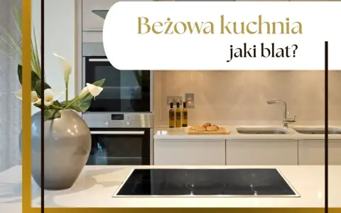 Nowoczesna, beżowa kuchnia z białym blatem, na którym znajduje się płyta indukcyjna i wazon z kaliami.