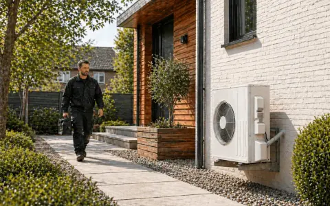 Un technicien se dirige vers une pompe à chaleur air air non réversible installée sur un mur de briques.
