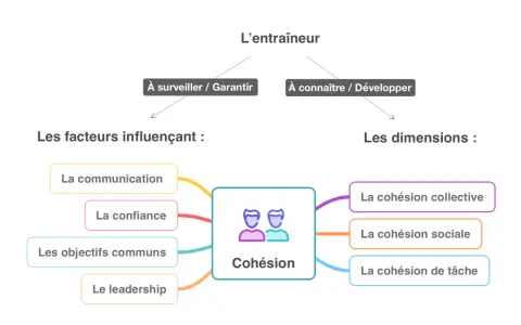 Schéma sur la cohésion d'équipe, ses facteurs (communication, confiance, objectifs, leadership) et ses dimensions (collective, sociale, tâche). Idéal pour relever des défis sportifs rigolos !