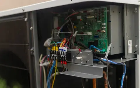 Vue rapprochée des composants internes d'une pompe à chaleur, incluant la carte électronique et le disjoncteur.