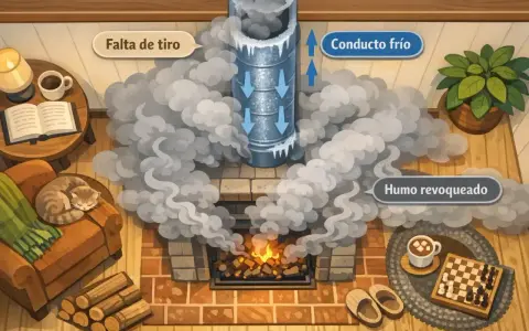 Ilustración de una chimenea que hace humo, con un gato dormido y leña. Muestra cómo arreglar una chimenea que hace humo por falta de tiro.