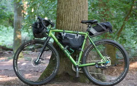 Grünes Gravelbike mit Taschen für Bike Packing, bereit für Abenteuer im Wald.