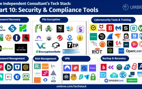 A graphic showcasing various security management tools, categorized into Password Recovery, File Encryption, Cybersecurity Tools & Training, Password Management, Risk Management, VPN, and Backup & Recovery.