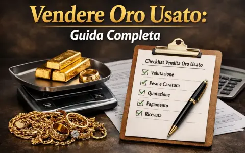 Lingotti d'oro 750, gioielli e una bilancia, con una checklist per la vendita di oro usato.