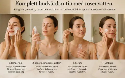 Kvinnor utför en hudvårdsrutin: rengöring, applicering av rosenvatten, serum och fuktkräm.