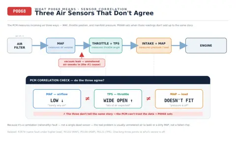 P0068 code: Three air sensors disagree. MAF shows low airflow, TPS wide open, MAP doesn't fit. PCM can't trust data.