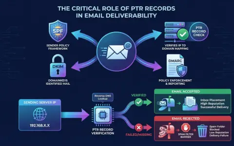 Schemat pokazuje, jak PTR record weryfikuje IP serwera pocztowego, wpływając na dostarczalność e-maili.