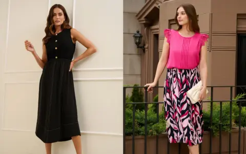 Deux femmes portent des jupes : une noire avec surpiqûres, l'autre colorée. Le patron jupe plis creux est visible sur le haut rose.