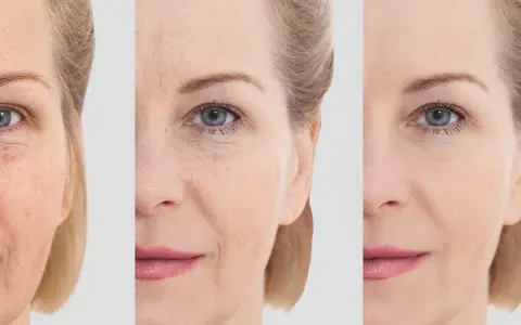Comparaison avant/après : peau marquée par le temps, puis lissée grâce à l'acide hyaluronique sur le front et le visage.