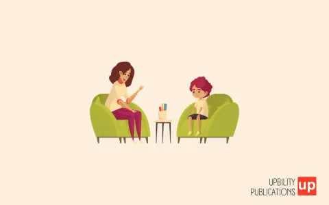 Un bambino parla con una psicologa, un'illustrazione che ricorda un fac simile relazione psicologica bambino.