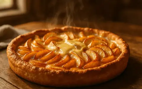 Une délicieuse tarte normande aux pommes, encore fumante, avec sa croûte dorée et ses pommes caramélisées. Un délice !