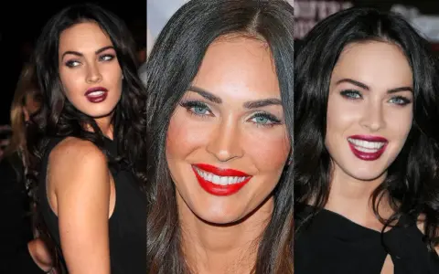 Megan Fox con labbra rosse e blu elettrico, un look da inverno armocromia che esalta il suo fascino.