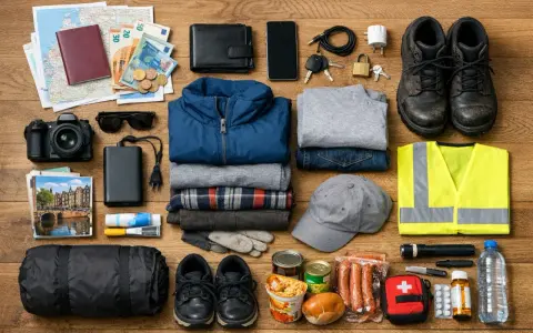 Zestaw podróżny: mapa, paszport, pieniądze, aparat, powerbank, ubrania, buty, czapka, kamizelka odblaskowa, latarka, apteczka, jedzenie. solutions recruitment bv.