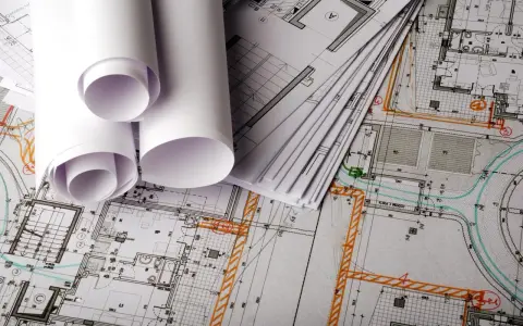 Planos arquitectónicos enrollados y apilados, listos para la construcción.