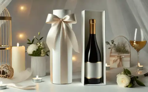 Eleganckie opakowanie na wino na ślub, z satynową wstążką i złotymi detalami. Idealne, by dowiedzieć się, jak zapakować wino na ślub.