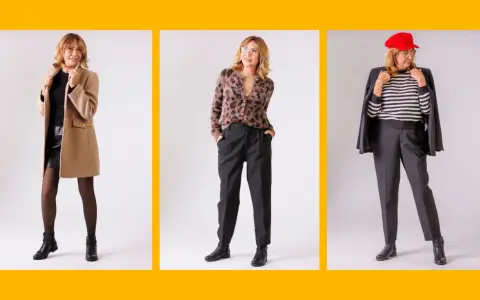 Elegancka moda dla pań po 60: płaszcz, skórzana spódnica, panterkowy sweter, spodnie, marynarka i czerwona czapka.