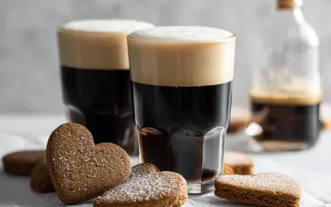 Två glas med mörk kaffedrink med skummande topp, omgivna av hjärtformade pepparkakor.