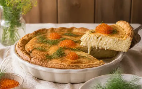 En gyllene paj med en härlig glutenfri pajdeg, toppad med rom och dill. En bit lyfts upp och visar den krämiga fyllningen.