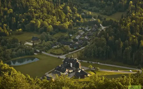 Widok z góry na osadę w lesie, przypominającą legendarną **Wilczą Górę**. Domy i hotel otoczone zielenią, z małym stawem.