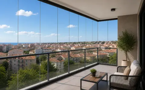 Balcón con una **fachada de cristal** que ofrece vistas panorámicas de una ciudad costera bajo un cielo azul.
