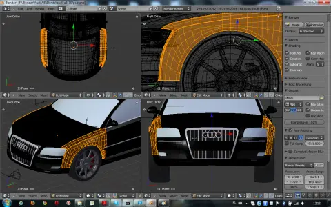 Program do projektowania samochodów 3D, widok siatki Audi A8 w Blenderze.