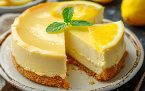 Delicioso mousse de limón con base de galleta, decorado con rodajas de limón y hojas de menta.