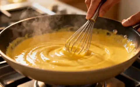 Mains d'un cuisinier fouettant une sauce hollandaise crémeuse dans une poêle sur la cuisinière.