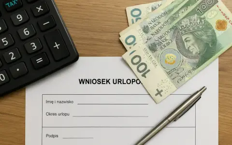 Formularz "Wniosek urlopowy" z długopisem, banknotami 100 zł i kalkulatorem. Czy na umowie zlecenie jest urlop?