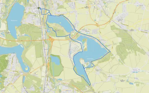 Karte zeigt eine Radtour um den Cospudener und den Stormthaler See bei Leipzig.
