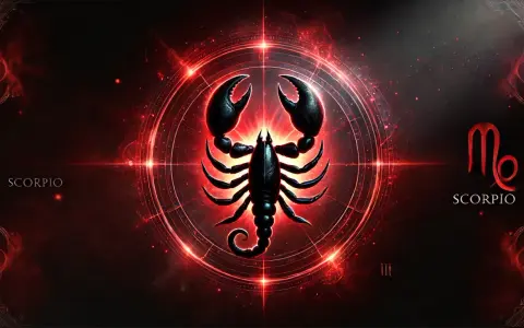 Mroczny skorpion w centrum, otoczony neonowym blaskiem i astrologicznymi symbolami. To znak zodiaku Skorpion, sugerujący silny ascendent w skorpionie.